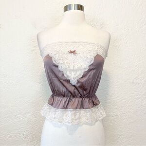 Vintage Tube Top Cami Satin Lace Fairy Cottagecore Coquette Boho Mauve Ivory XS